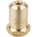 A gold metal cylinder with a brass threaded nut on one end and a hole in the side.