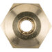 A hexagon-shaped brass nut with a circular hole in it.