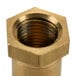 A close up of a brass threaded nut on a white background.