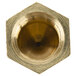 A close up of a brass hexagonal hood orifice nut with 3/8-27UNS threads.