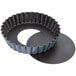 A black round baking tin with a white circle in the middle.