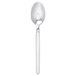 A Walco Vogue stainless steel demitasse spoon with a white handle.