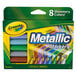 A box of Crayola metallic markers with yellow and green text.