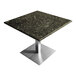 A black Uba Tuba granite table top on a silver square table.