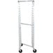 A metal rack with wheels.