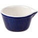 A blue and white fluted Tuxton ramekin with a stripe.