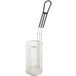 A stainless steel mesh Waring pasta cooker basket with a handle.