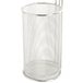 A silver metal mesh round pasta cooker basket with a handle.