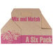 A white cardboard box with a handle that holds 6 wine bottles.