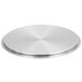 A close-up of a silver circular stainless steel lid.