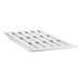 A white plastic vented shelf with a grid of squares.