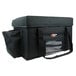 A black Sterno insulated food carrier bag with a transparent bag inside and a zipper and handle.