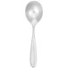 A Walco stainless steel bouillon spoon with a white handle.