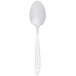 A Walco stainless steel dessert spoon with a white handle and silver bowl.