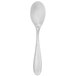 A Walco stainless steel demitasse spoon with a white handle.