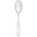 A close-up of a Walco Modernaire stainless steel dessert spoon with a white handle and bowl.