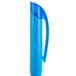 A blue plastic pen with a blue cap and a white label.