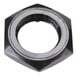 A black nut with a hole in the middle on a white background.