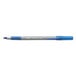 The translucent barrel of a Bic Round Stic Grip Xtra Comfort blue pen with a silver tip.