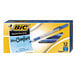 A box of 12 Bic blue ink pens with yellow and black accents.