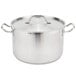 A silver Vollrath sauce pot with handles and a lid.