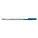 A close-up of a Bic blue and green Ecolutions pen with clear barrel.