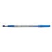 A close-up of a Bic Round Stic Grip blue ballpoint pen with a silver tip.