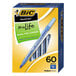 A box of 60 Bic Round Stic Xtra Comfort blue pens with a blue label.