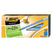 A box of 12 Bic Round Stic Xtra Precision blue ballpoint pens.