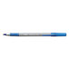 A close-up of a Bic blue ballpoint pen with a silver tip.