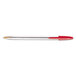 A red and clear Bic Cristal ballpoint pen with silver accents.