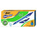 A box of 12 Bic Gel-ocity Quick Dry blue ink pens with blue barrels.