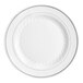 A white plate with silver accent bands on the rim.