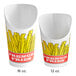 A white Choice paper scoop cup with a red and yellow fry design.