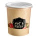 A Choice white paper soup container with a vented plastic lid and the words "hot and fresh" on it.