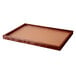 A brown rectangular wooden display case with a cork board inside.