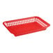 A red rectangular plastic fast food basket with holes.