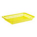 A yellow plastic rectangular fast food basket with holes.