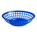 A blue plastic round fast food basket with a grid design.