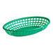 A green plastic Choice oval fast food basket with holes.