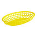 A yellow plastic oval fast food basket with holes.