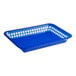 A blue rectangular plastic fast food basket with holes and a handle.