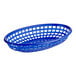 A blue plastic oval fast food basket with holes.