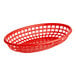 A red plastic oval fast food basket with holes.