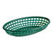 A forest green oval plastic fast food basket with a lattice design.