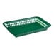 A forest green rectangular plastic fast food basket with holes.