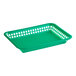 A green rectangular plastic fast food basket with holes and handles.