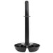 A black plastic pole with a round base and a metal handle.