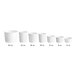 A row of white Choice paper food cups with measurements for 6 oz. on each cup.