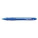 A close-up of a Bic Velocity blue ballpoint pen with a blue tip and barrel.